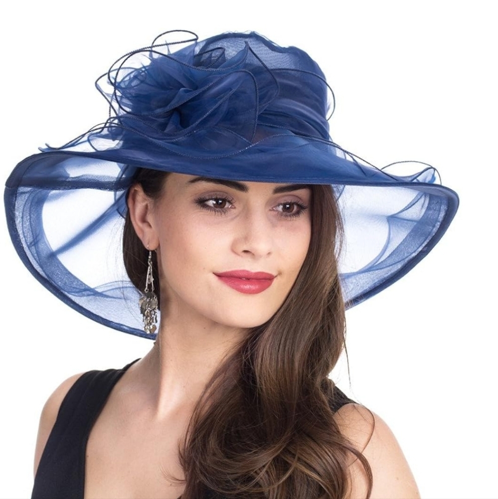Elegant Navy Wide-Brim Women's Dress Hat with Floral Accent